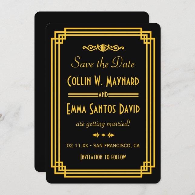 Convite Simples Art Deco Black and Dourado Save the Date ( (Frente/Verso)