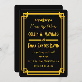 Convite Simples Art Deco Black and Dourado Save the Date (