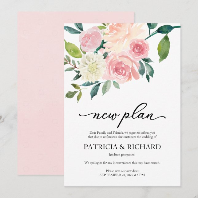 Convite Simples Atraso de Casamento Novo Plano Floral Rubo (Frente/Verso)