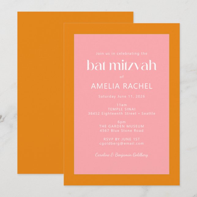 Convite Simples Bat Mitzvah Geométrico Rosa e Laranja (Frente/Verso)