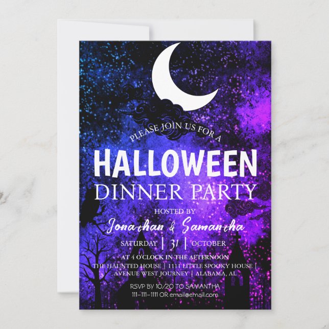 Convite Simples Bats Night Full Moon Halloween Festa Jante (Frente)