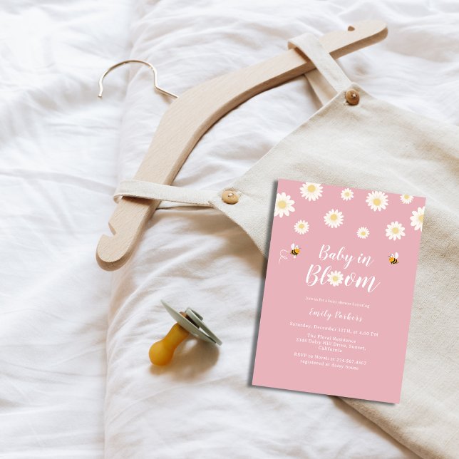 Convite Simples Bebê Rosa Daisy Em Chá Bloom Girl (Simple Pink Daisy Baby In Bloom Girl Shower Invitation)