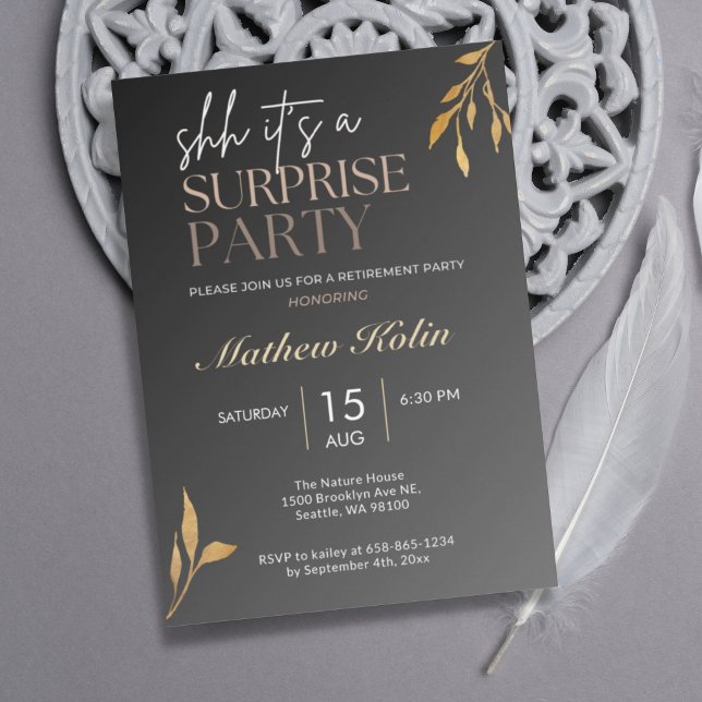 Convite Simples Black Surprise Retirement Party Online (Criador carregado)