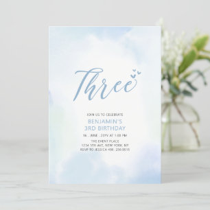 Convite Simples Blue Hearts Three Boy Festa de aniversário