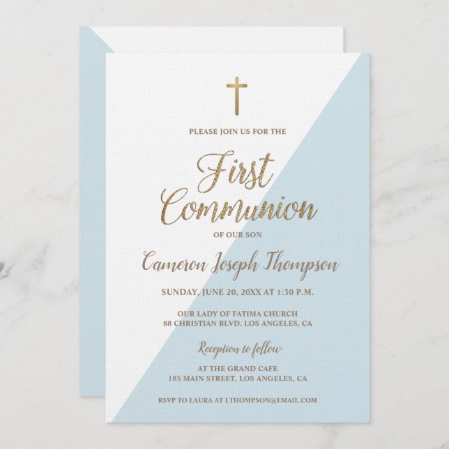 Convite Simples Blue White Dourado Modern First communion (Frente/Verso)