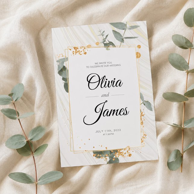 Convite Simples boho dourado verde elegante noivado casame (Elegant Eucalyptus Botanical Gold Wedding Invitation, Wedding Announcement)