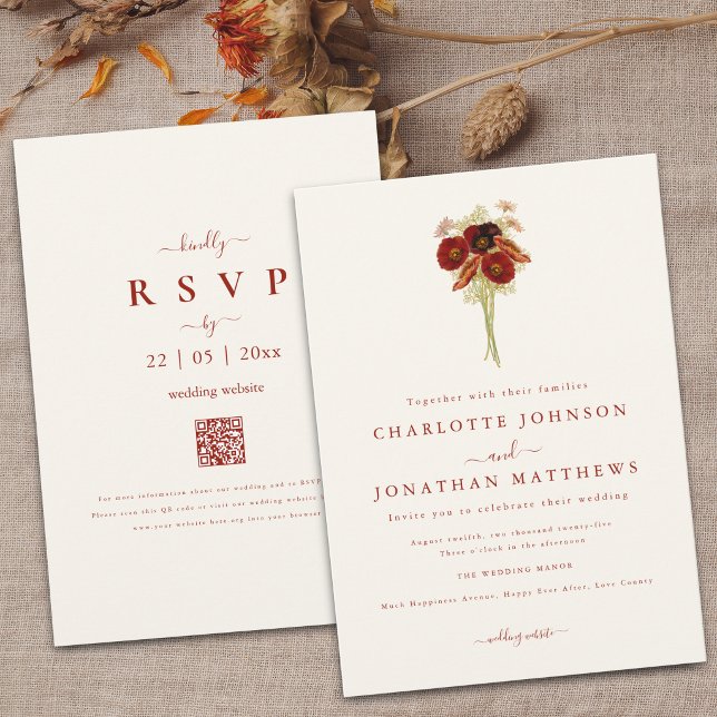 Convite Simples Boho Flor Silvestre Casamento Marrom Laran (Wildflower bouquet brown orange watercolor floral Wedding QR Code invitation)