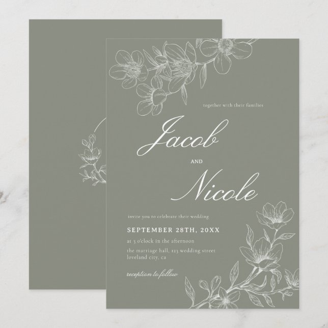 Convite Simples Boho Floral Sage Green Wedding (Frente/Verso)