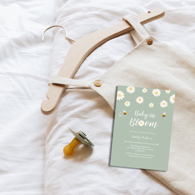 Convite Simples Boho Green Daisy Baby In Bloom Chá (Simple Boho Green Daisy Baby In Bloom Shower Invitation)