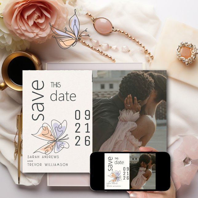 Convite Simples borboleta branca coral e violeta (Criador carregado)