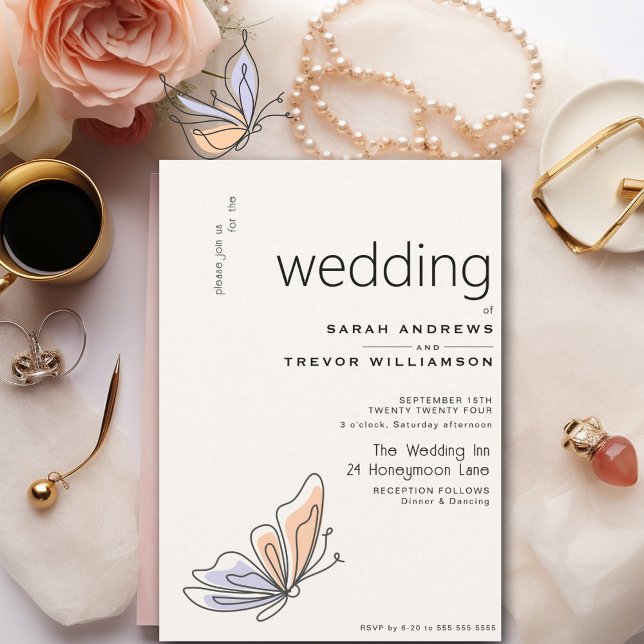 Convite Simples borboleta branca coral e violeta (Criador carregado)