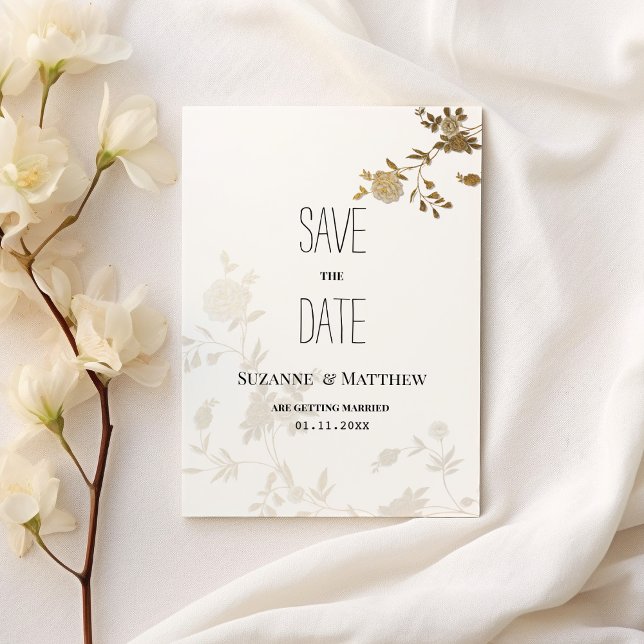 Convite Simples brilho branco de ouro floral Salve a data (Simple white gold glitter floral Save the Date)