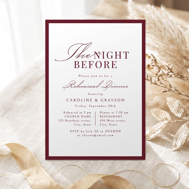 Convite Simples Burgundy Script Gracioso Na Noite Anterior (Simple Graceful Script Burgundy The Night Before Invitation)