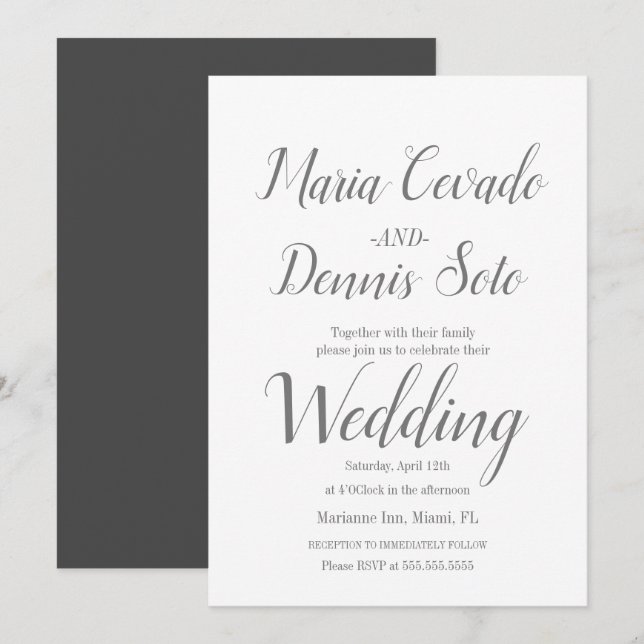 Convite Simples Caligrafia de Letreiro Cinza Casamento (Frente/Verso)