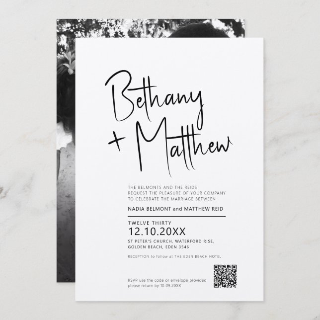 Convite Simples caligrafia magra casamento QR RSVP (Frente/Verso)