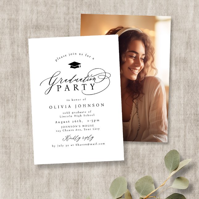 Convite Simples Caligrafia Moderna Fotografia Graduação (Simple Modern Calligraphy Photo Graduation Invitation)