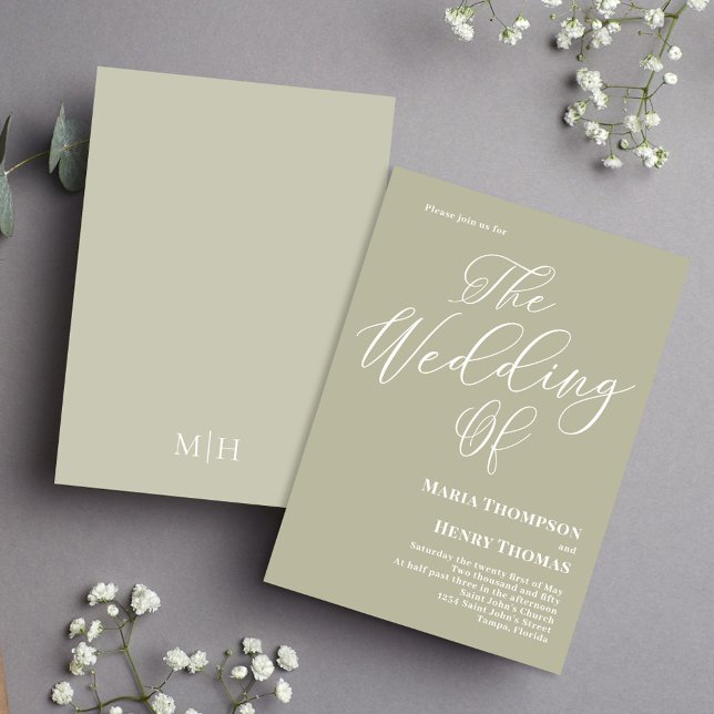 Convite Simples Caligrafia Script Elegante Sage Green (Elegant calligraphy script sage green wedding invitation)