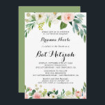 Convite Simples Caligrafia Verde Floral Bat Mitzvah<br><div class="desc">Este simples convite para morcegos de caligrafia verde floral mitzvah é perfeito para um morcego tropical mitzvah. A design apresenta rosas brancos,  cor-de-rosa e pincéis pintados à mão,  embutidos em folhagem verde,  inspiradora beleza artística.</div>