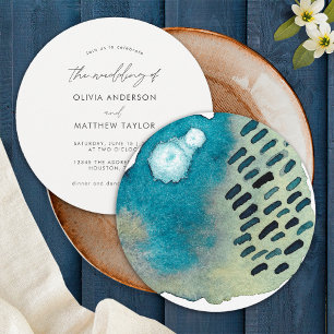 Convite Simples Casamento Aquarela Abstrata Azul Boho