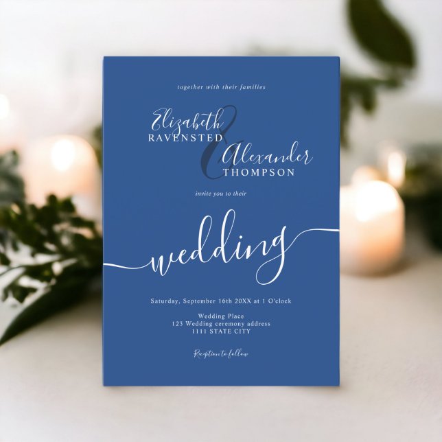 Convite Simples casamento de chic com script azul mínimo (Simple minimalist blue script chic wedding invitation)