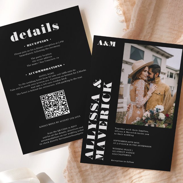 Convite Simples casamento de fotos brancas e negras Elegan (Criador carregado)