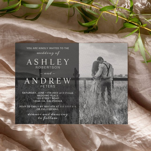Convite Simples casamento de fotos elegante e branco preto (Criador carregado)