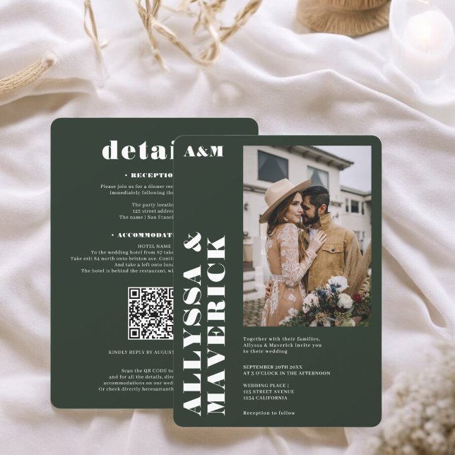 Convite Simples casamento de fotos verde-profundas brancas (Elegant Bold simple white deep green photo wedding Invitation)