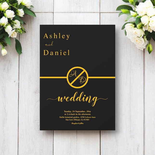 Convite Simples Casamento De Monograma Dourado E Preto Ele (Criador carregado)