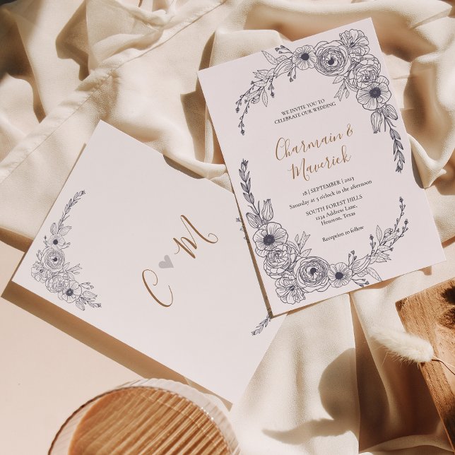 Convite Simples Casamento do Monograma Floral Branco e Pre (Criador carregado)