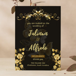 Convite Simples Casamento Dourado Floral Moderno e Elegant