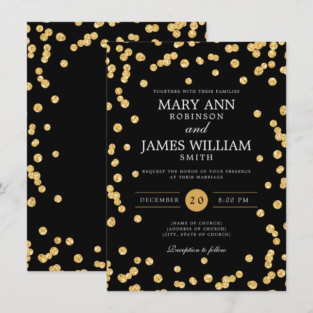 Convite Simples Casamento Elegante Dourado Glitter Confett (Frente/Verso)