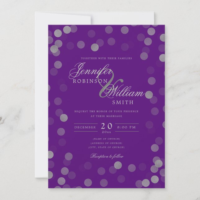 Convite Simples Casamento Elegante Prata Confetti Roxo (Frente)