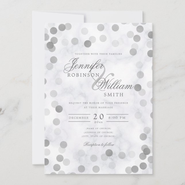 Convite Simples Casamento Elegante Silver Confetti Marble (Frente)