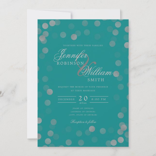 Convite Simples Casamento Elegante Silver Confetti Teal (Frente)