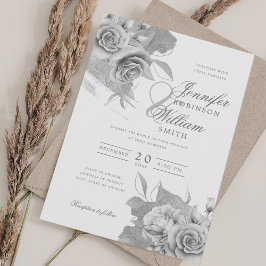 Convite Simples Casamento Elegante Silver Floral & Foil
