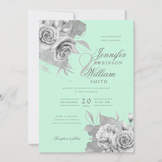 Convite Simples Casamento Elegante Silver Floral & Foil Mi (Frente)