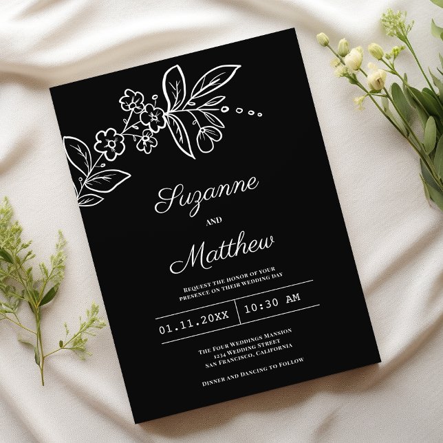 Convite Simples casamento floral branco preto (Simple elegant black white floral wedding)
