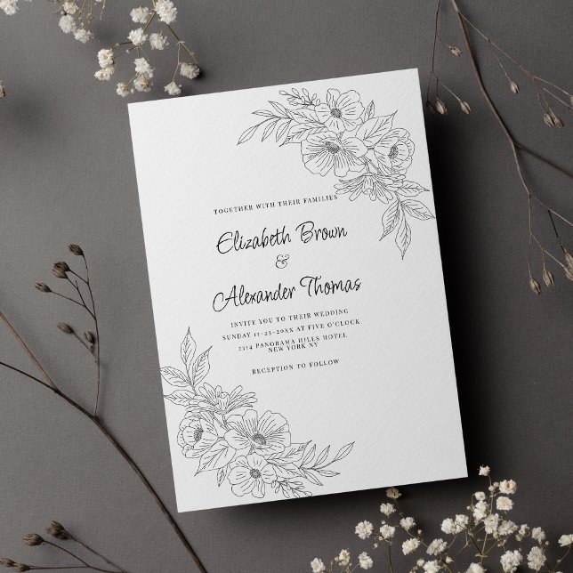 Convite Simples casamento floral branco preto elegante (Elegant simple black white floral wedding )
