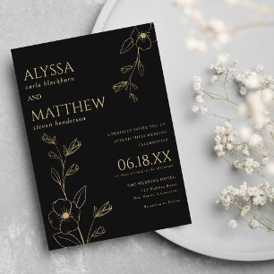 Convite Simples casamento floral preto e dourado