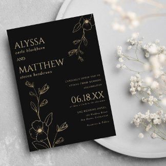 Convite Simples casamento floral preto e dourado