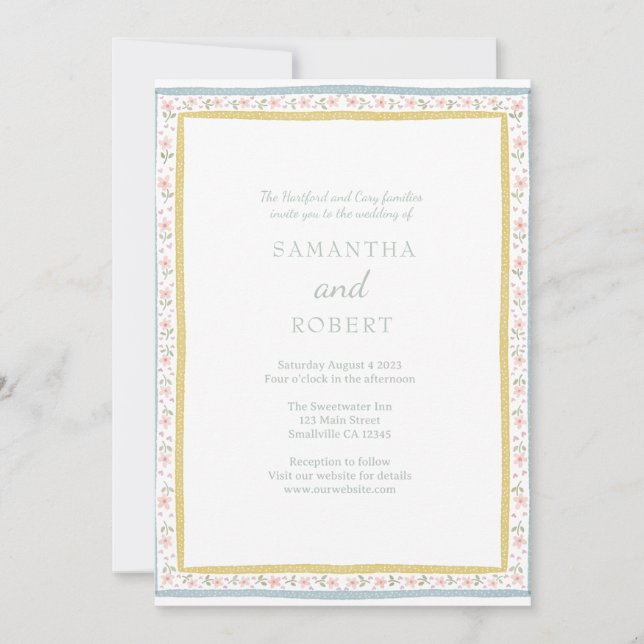 Convite Simples Casamento Floral Rosa Amarelo Romântico  (Frente)