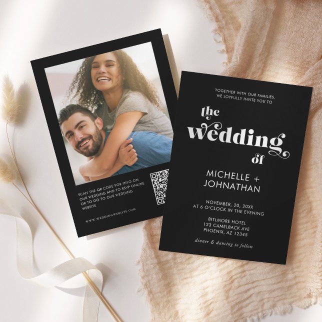Convite Simples Casamento Preto e Branco QR Foto Moderno (Criador carregado)