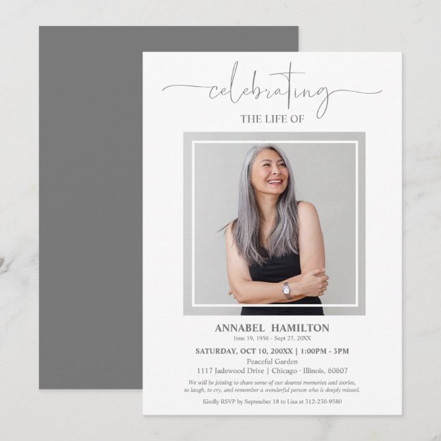 Convite Simples Celebração de Vida Funeral Foto Elegante (Frente/Verso)