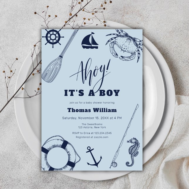 Convite Simples Chá de fraldas de Garoto Náutico Moderno (Simple Modern Nautical Fishing Boy Baby Shower Invitation)