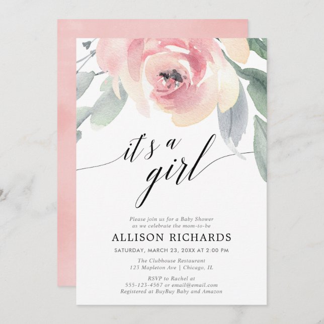 Convite Simples chá de fraldas floral de aquarela (Frente/Verso)