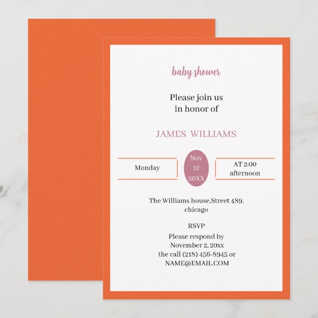 Convite Simples Chá de fraldas Laranja Personalizado (Frente/Verso)