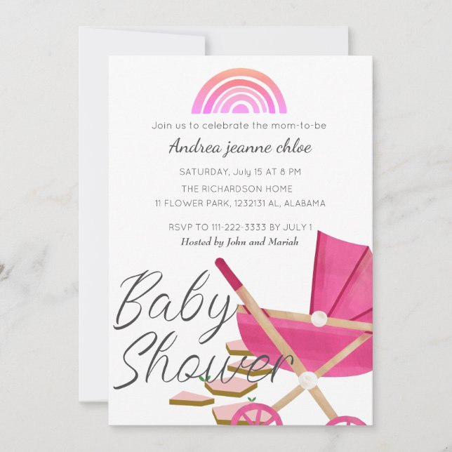 Convite Simples Chá de fraldas rolo-rosa do Arco-Íris (Frente)