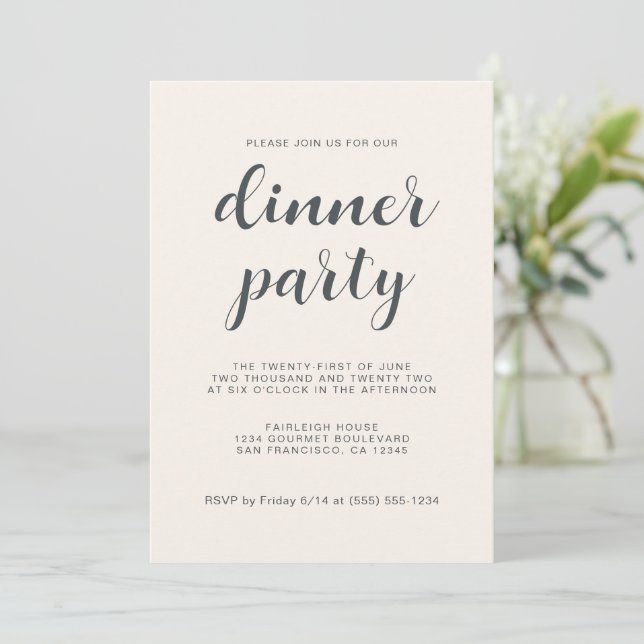 Convite Simples Chic Script Light Ivory Jantar Party (Em pé/Frente)