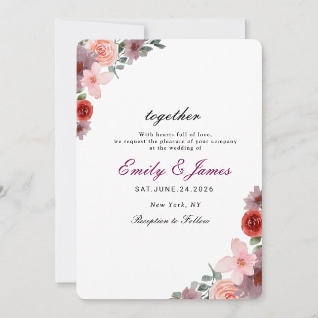 Convite Simples chic Watercolor Casamento Floral (Frente)