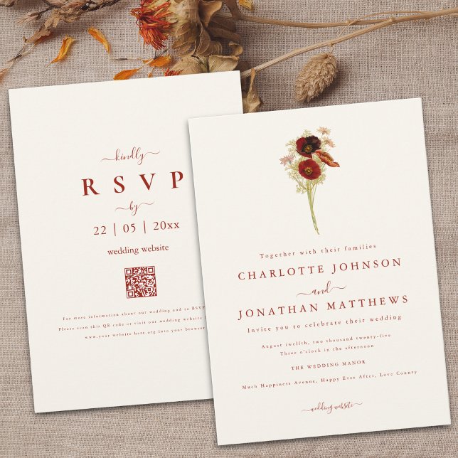 Convite Simples Código QR de Flor Silvestre Boho de Outono (Simple Wildflower brown orange floral Wedding qr code invitation )